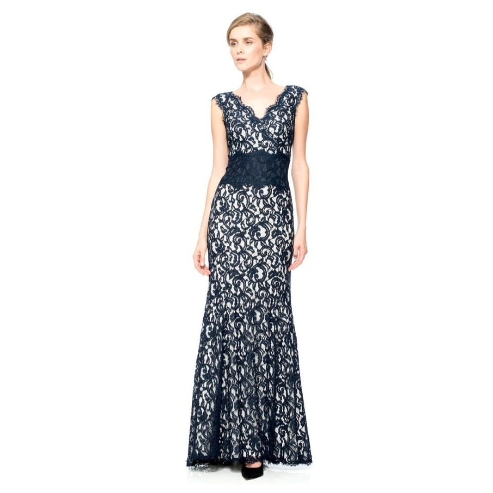 Tadashi Shoji Contrast Lace Waist Gown Maxi Dress Navy Blue White Size 4